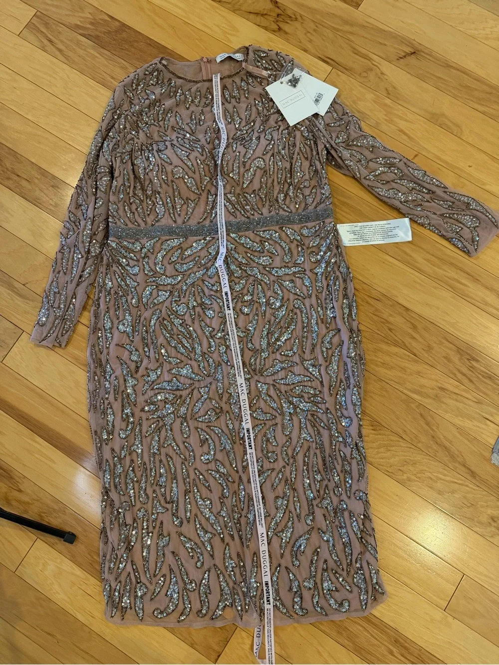 NWT Mac Duggal Size 20 Hand Beaded Sequin Cocktail MIDI Dress Long Sleeve